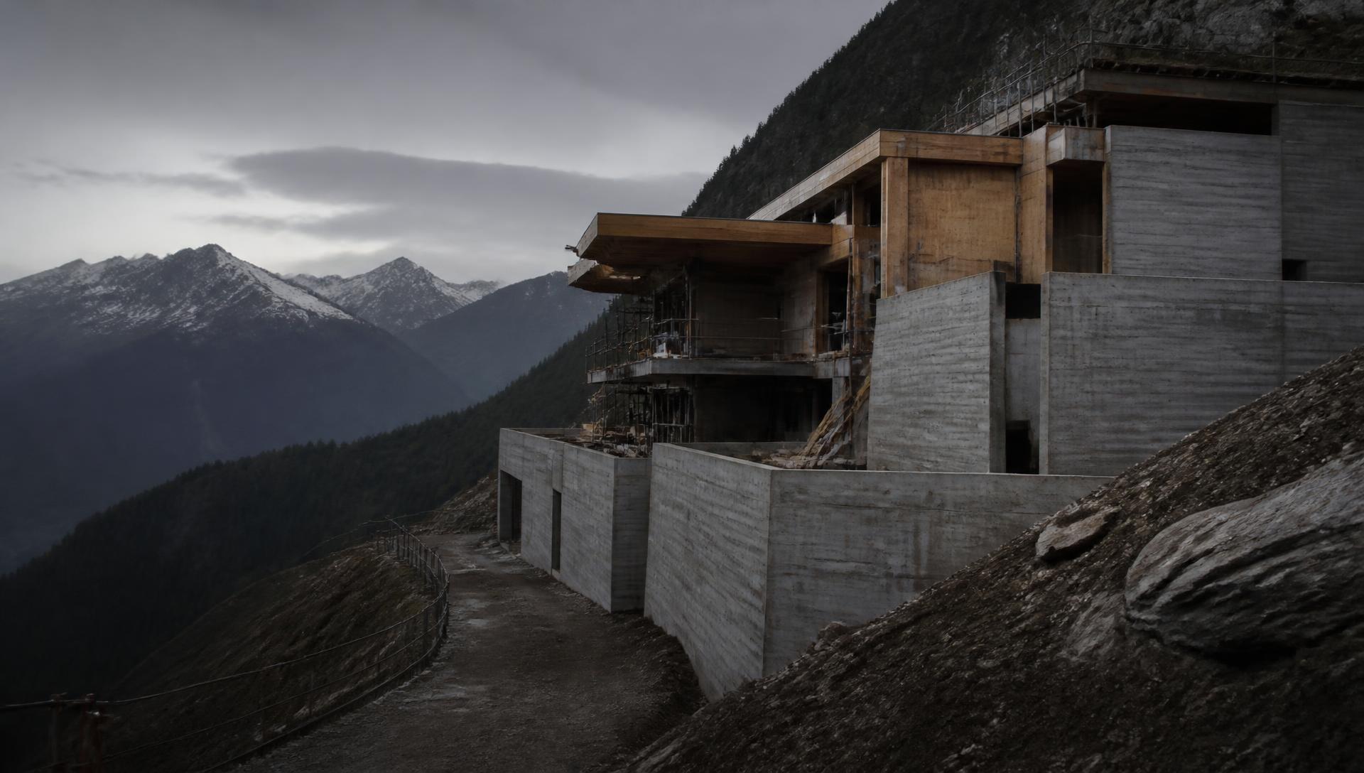 Modernes Gebäude im Rohbau an einem steilen Alpenhang mit Sichtbeton-Stützmauern